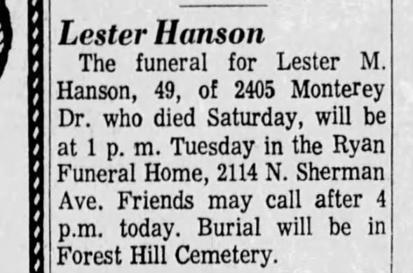 Lester Hanson funeral notice